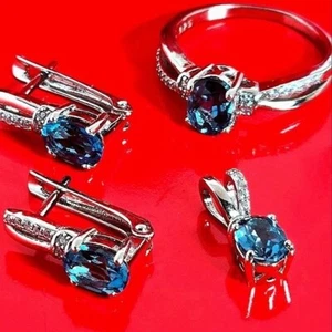 London Blue Topaz Set "Afina". 925 Sterling Silver Earrings, Pendant, Ring 6.5 - Picture 1 of 11