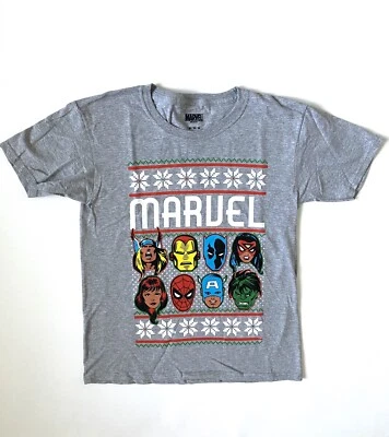 NWOT Marvel Comic Holiday Christmas Boys Grey Spider Man T-Shirt Iron Man Size M - Image 1 of 2