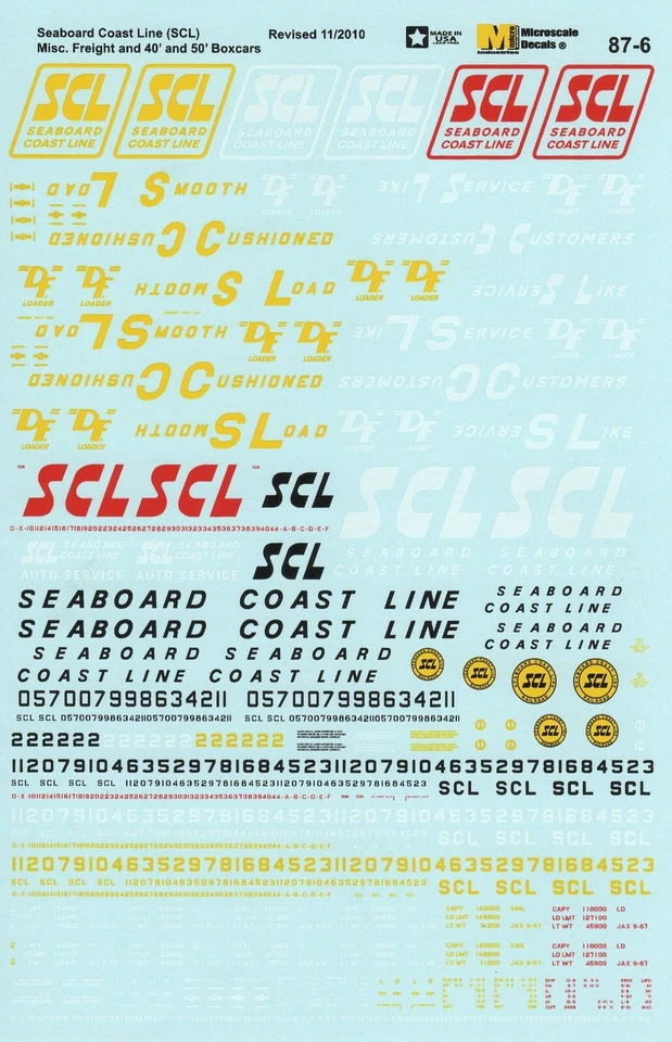 Calcomanías de autos de carga de servicio general SCL Seaboard Coast Line 87-6 HO a microescala Foto 1 de 1