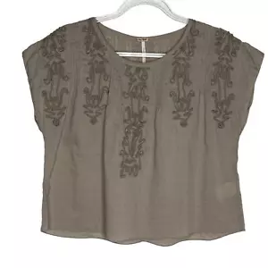 Free People Womens Size XS Brown Boxy Crop Top Blouse Cotton Pintuck Embellish - Picture 1 of 8