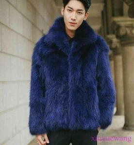 Men's Blue Faux Fur Coat Warm Lapel Large Thicken Outwear Winter Peacoat Jackets - Picture 1 of 11