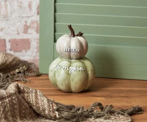 Stacked 'Hello Pumpkin' Sage Green & Grey Halloween Resin Autumn Ornament Decor - Picture 1 of 1