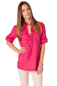 CP Shades Celeste Top Fuchsia Shirt Linen split v-neck 4 button NEW Pink 3/4 - Picture 1 of 4