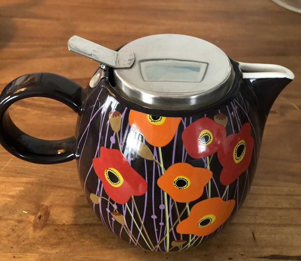 Vintage Poppy Design Tea Forte 24oz PUGG Teapot W/Stainless Steel Attached Lid - Image 1 of 4