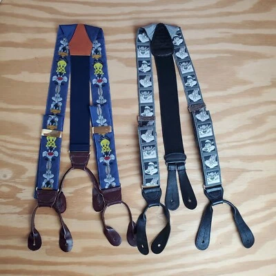 Two Vintage Mens Looney Tunes Suspenders Braces. Gray/Blue 1994/96 Preowned. A — 第 1/4 张图片
