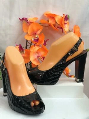 TORY BURCH Allison Crocs Black Patent Leather Peep Toes Slingback Heels Sz8.5M - Image 1 of 4