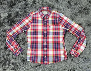 A&F Abercrombie & Fitch Camicia Muscolare Uomo Media Rosso Blu Logo Alce Bottone-Down - Foto 1 di 16