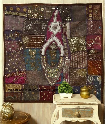 40x40" BROWN CRAZY QUILT BEADED VINTAGE SARI SEQUIN WALL DÉCOR HANGING TAPESTRY - Image 1 of 3