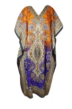 Orange And Blue Printed Kaftan Kimono Sleeves Resort Wear Holiday Caftan