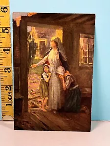 Antique Rendering of Mother and Children standing at doorway in fear and sorrow. - Picture 1 of 2