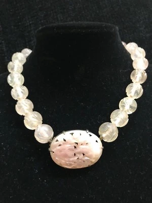 Magnificent Chinese Antique Carved Jade Pale Pink Quartz Pendant Necklace, 18" L - Image 1 of 4