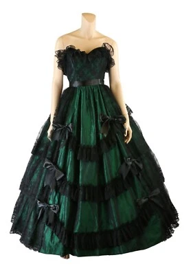 Loralie Vintage 80s Green Taffeta Black Lace Southern Belle Prom Party Dress 6 - Image 1 of 4