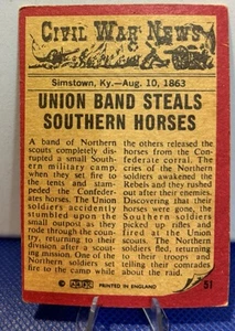 1964 A&BC Civil War News Gum Card #51 Union Band Steals Southern Horses - Picture 1 of 2