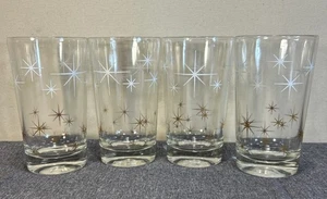 Vintage MCM Atomic Starburst Drinking Glasses Set of 4 Gold and White Retro Bar - Picture 1 of 10