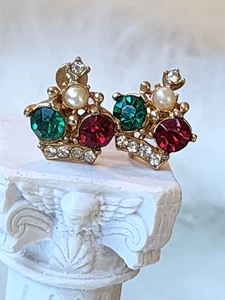 👑 Vintage Ohrringe Königskrone grün & rot Strass Schraubverschluss - Bild 1 von 6