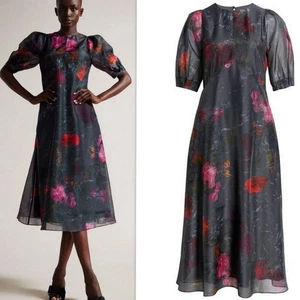 TED BAKER $445 Mekayla Empire Line Floral Print Puff Sleeve Midi Dress sz 3 /8US - Picture 1 of 21