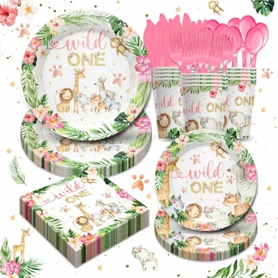 Juego de vajilla Wild One Birthday Party Supplies para niñas - Safari Cumpleaños De... Foto 1 de 4