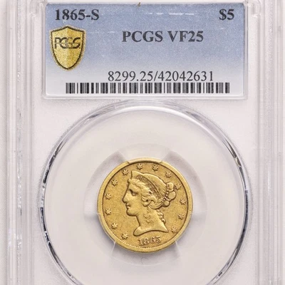 1865-S $5 GOLD PCGS VF 25 Civil War Gold Shield - Image 1 of 4