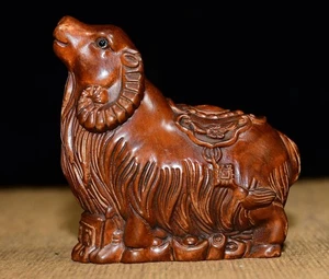 Statuina scultura in legno di bosso zodiaco cinese scultura in legno di pecora simboleggiante - Foto 1 di 8