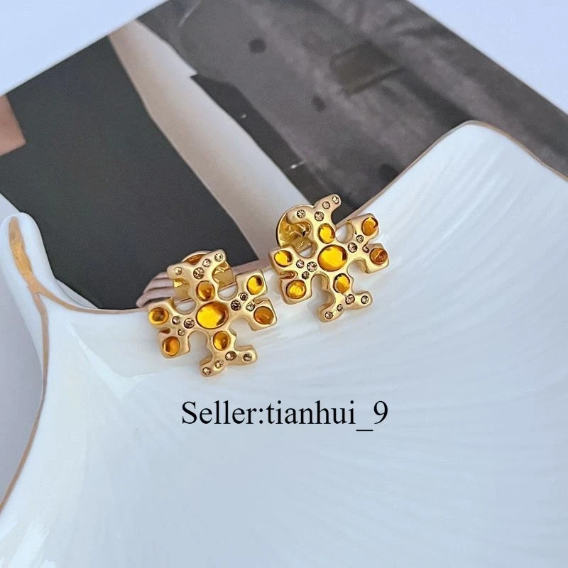 New! Tory T Logo studs Gold Earrings Yellow with Jewelry Pouch Size:1.9*1.9cm - Image 1 of 4
