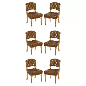SIX ANTIQUE REGENCY 1820 BROWN LEATHER POLLARD OAK CHESTERFIELD DINING CHAIRS - Picture 1 of 12