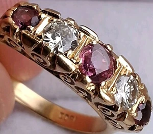 18Ct Gold Ruby & Diamond Antique Vintage Eternity Wedding Dress Ring Size L/M - Picture 1 of 12