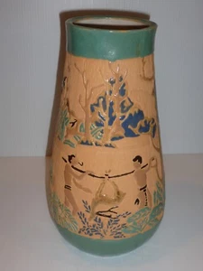 Stunning Pottery Vase, Primitive Hunting Scenes, Marked "Tet"-FLAW - Picture 1 of 12