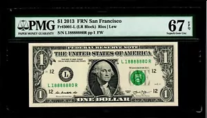Special Serial number (L188888880R)2013 $1 FRN San Francisco PMG GEM UNC 67 EPQ - Picture 1 of 2
