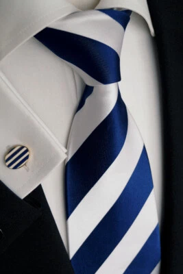 BEYTNUR Handgefertigte Luxus Seide Krawatte mit Manschettenknöpfe Blau Weiß Km 114.6 #5f