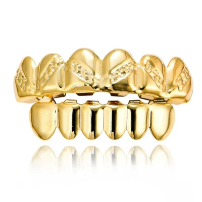 Parrilla de dientes de hip hop chapada en oro de 14k para mujeres hombres juego de parrilla inferior superior personalizado Foto 1 de 4