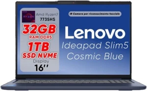 Lenovo Ideapad slim5 Blue, Ryzen7 7735HS, DDR5 32Gb, 16.0 FHD+, SSD 1TB,Win11 - Foto 1 di 6