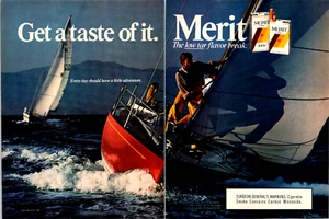 Pubblicità stampa vintage Merit Merit 100's Cigarettes Get A Taste Of It 1986 2 pagine - Foto 1 di 1