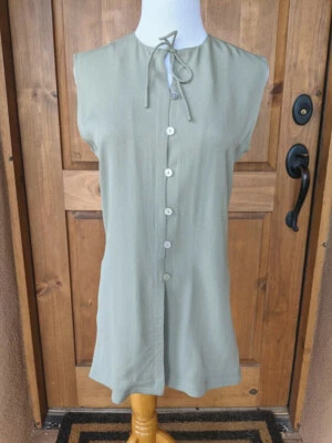 Blusa de Seda HENRI BENDEL XS Verde Ceilán Sin Mangas Mop Botones Escote Cerradura Foto 1 de 4