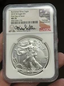 2019-W Burnished Silver Eagle, MS70 FDOI Mike Castle Signed - Picture 1 of 2