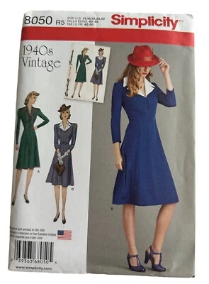 Simplicity Pattern 8050 Vintage Inspired Dress Button Bodice Split Collar  14-22 - Image 1 of 3