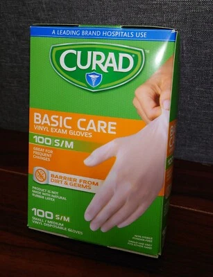Guantes de examen de vinilo de cuidado básico CURAD, talla pequeña y mediana/100 guantes**SELLADOS Foto 1 de 4