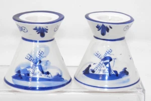 Vintage Delft Blue Windmill Hand Painted Ceramic Taper Candlestick Holders 2.5" - Picture 1 of 14
