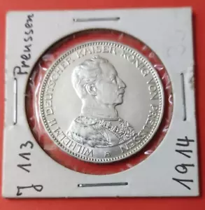 Silber Münze Drei Mark 1914 A Deutsches Reich Wilhelm II Prägefrisch - Bild 1 von 2