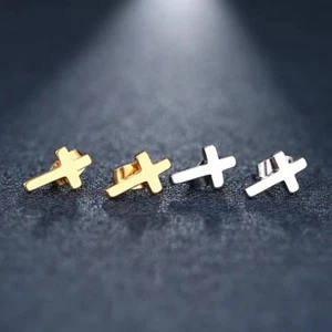 Herren Frauen Edelstahl Kreuz Nieten Pfosten 12 mm Ohrringe Silber Gold 1 Paar E26 - Bild 1 von 5