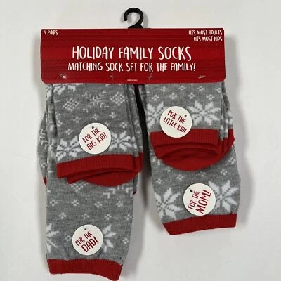 Juego de 4 pares de calcetines Holiday Family a juego Navidad copos de nieve gris rojo blanco Foto 1 de 4