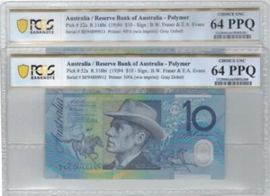 Consecutive Pair 1994 GREY DOBELL Fraser Evans $10 Notes PCGS Ch.UNC 64 PPQ #... - Foto 1 di 2