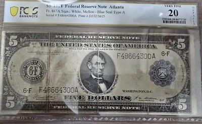  Billete de 5 dólares de la Reserva Federal de 1914 Atlanta Fr. 867A - Sello Azul Tipo A - PCGS VF20 Ce Foto 1 de 2