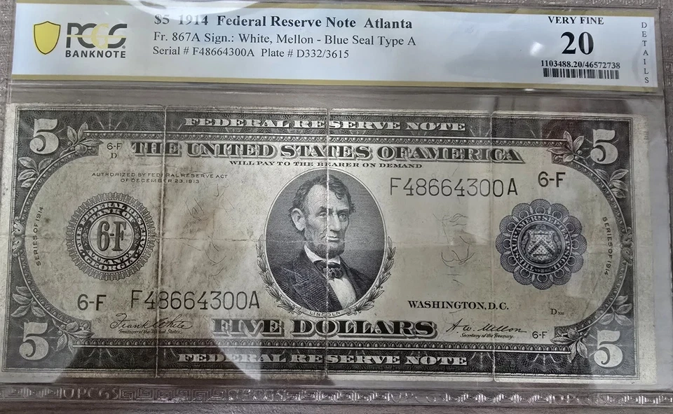  Billete de 5 dólares de la Reserva Federal de 1914 Atlanta Fr. 867A - Sello Azul Tipo A - PCGS VF20 Ce Foto 1 de 2