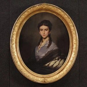 Ritratto di dama dipinto firmato e datato 1869 quadro ad olio su tela donna - Foto 1 di 12