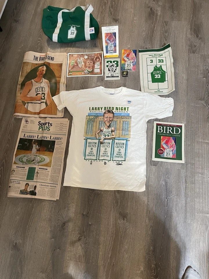 Lote de recuerdos de Larry Bird Night 1993 Boston Garden - camisa, bolso, carteles, tarjetas Foto 1 de 1