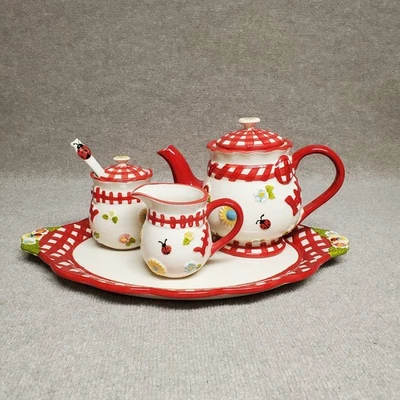 Temp-tations Gingham Garden Red 2017 Tea Set Ladybug Flowers Stoneware Brand New - Image 1 of 4