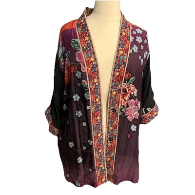 Johnny Was Silk Velvet Reversible Kimono Purple Floral Birds L Large Designer - Image 1 of 4