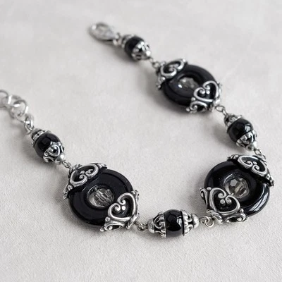 Brazalete de eslabones Brighton Night Romance plateado cristal negro retirado 7-8" Foto 1 de 4