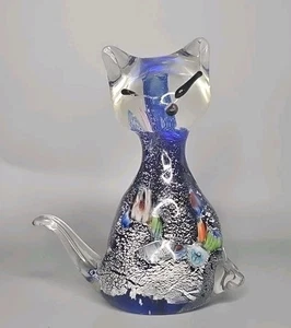 Estatuilla de gato de cristal azul estilo Murano Millifiori pisapapeles 4,5" muelle 1 defecto en el ojo - Imagen 1 de 10