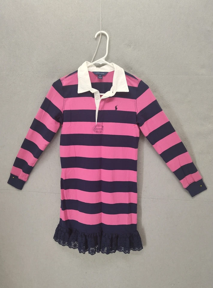 Vestido Ralph Lauren Meninas Extra Grande 16 Rosa Azul Marinho Listrado Manga Longa Bainha de Renda Polo de Rugby - Imagem 1 de 4